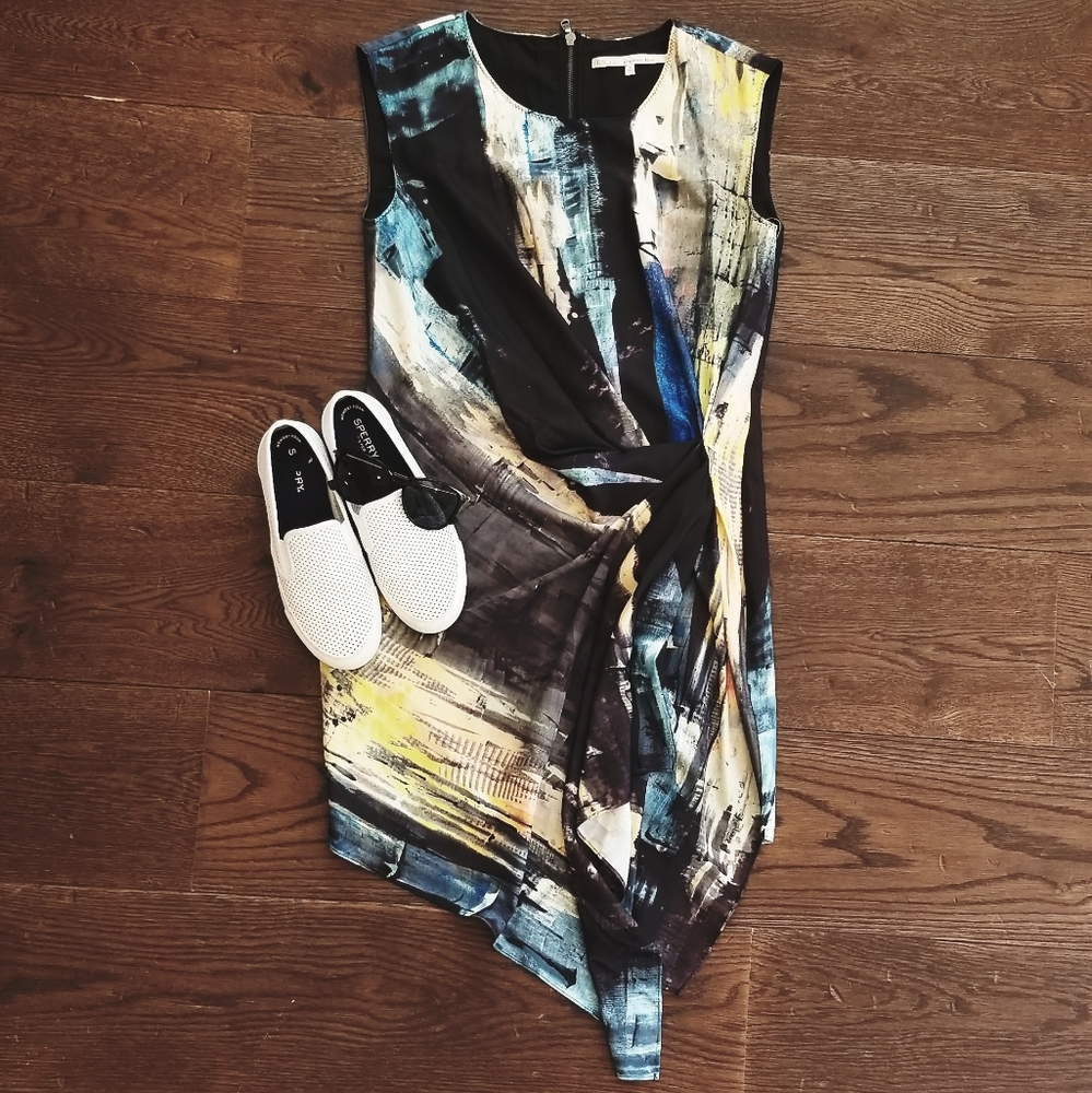 RR Abstract Print Asymmetrical Drape Mini Dress